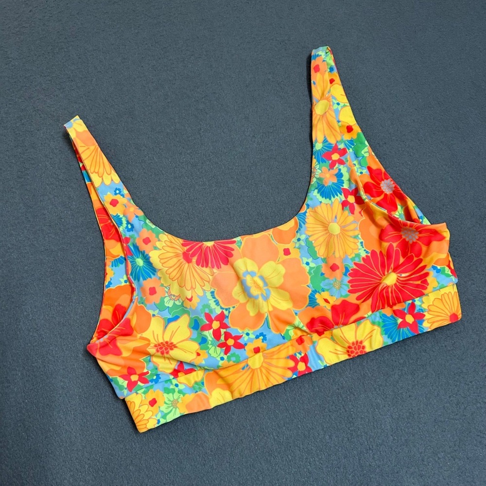 Kulani Kinis Bikini Top Women XL Orange Floral Retro Scoop Neck Swimwear